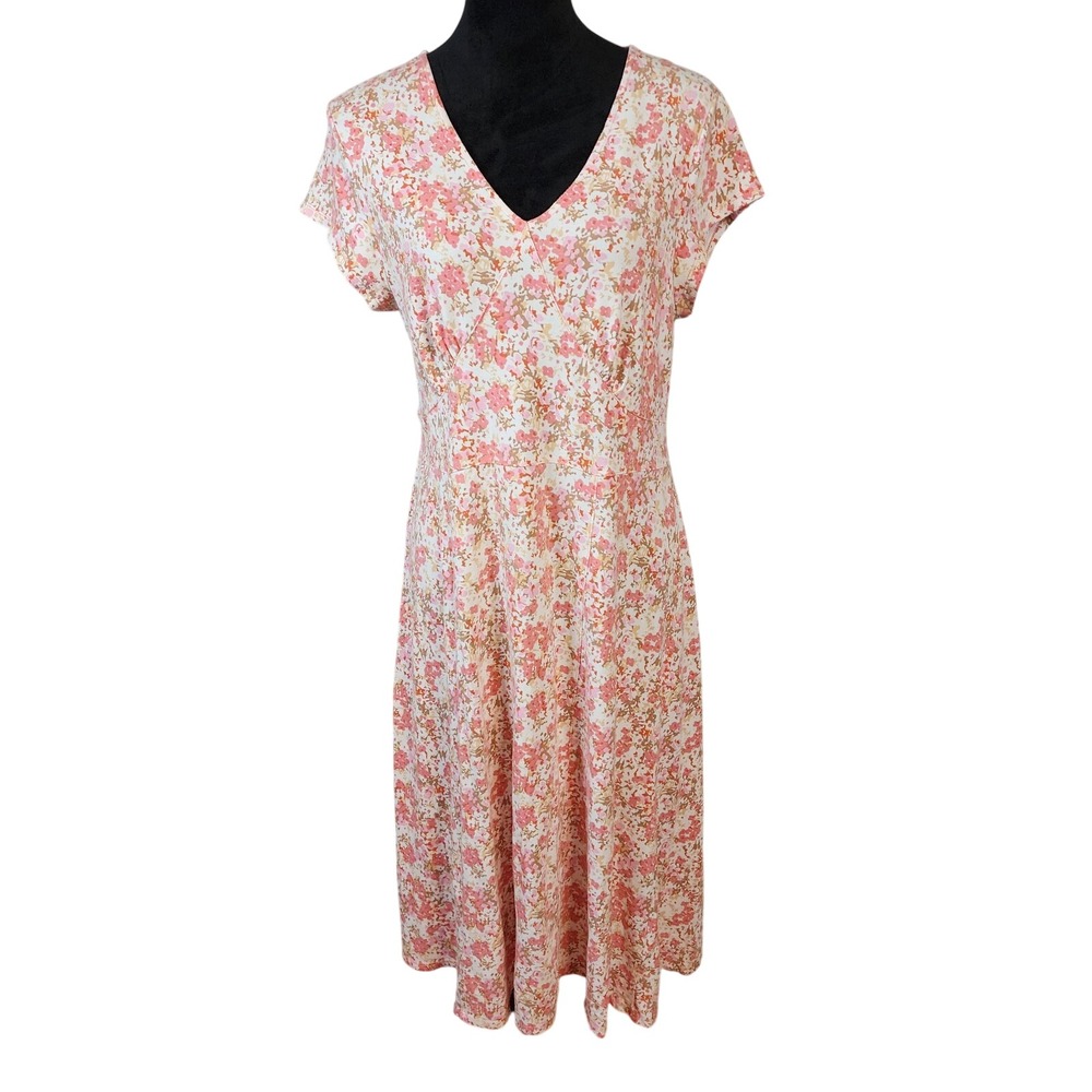SAHALIE Size Large Pink Floral Cap Sleeve V-neck Cottagecore Cotton Blend Dress